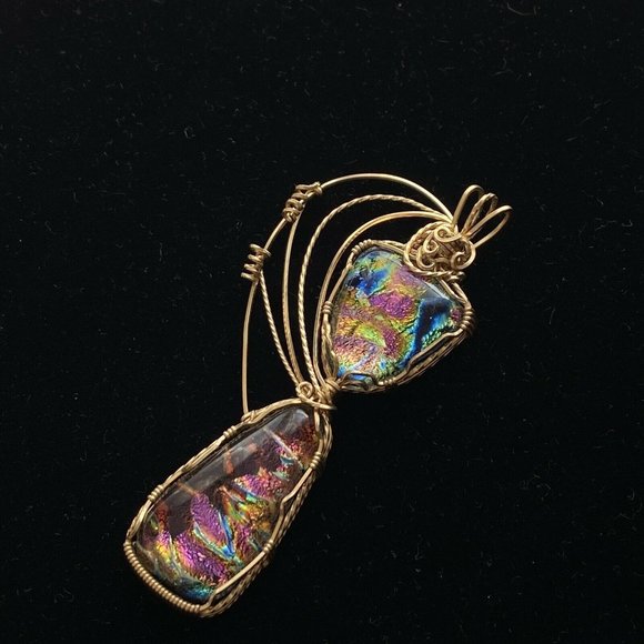 Wrapped Dichroic Glass Cabochons Pendant Purple Blue Green Gold Filled Wire 3” - Picture 6 of 10